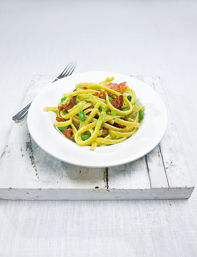 snelle Pasta met tuinbonen en pancetta